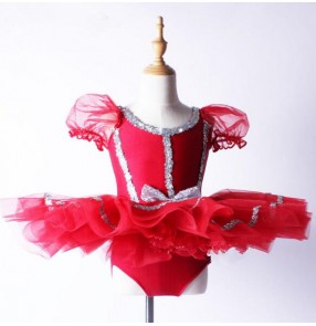 Red silver sequined patchwork short sleeves girls kids children competition performance professional leotard tutu ballet dance dresses dancewear